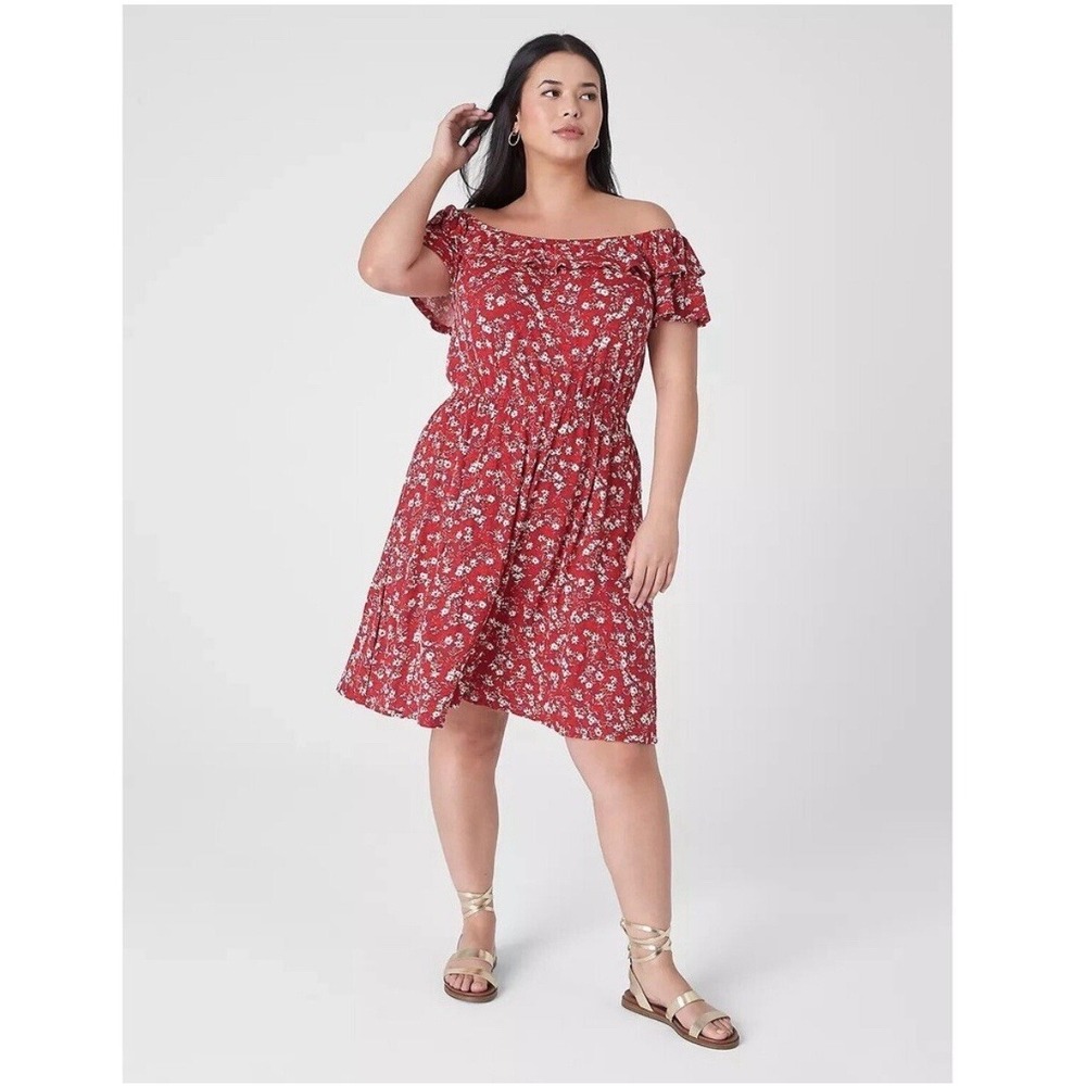 Lane Bryant‎ Sun Dress 18 20 Red Floral Off The Shoulder Spring Summer NWT $79